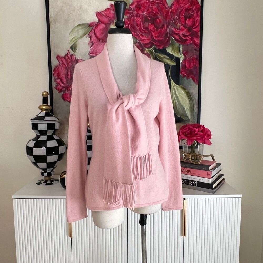 Magaschoni Women's 100% Cashmere Cardigan With Attached Scarf Pale Pink Large